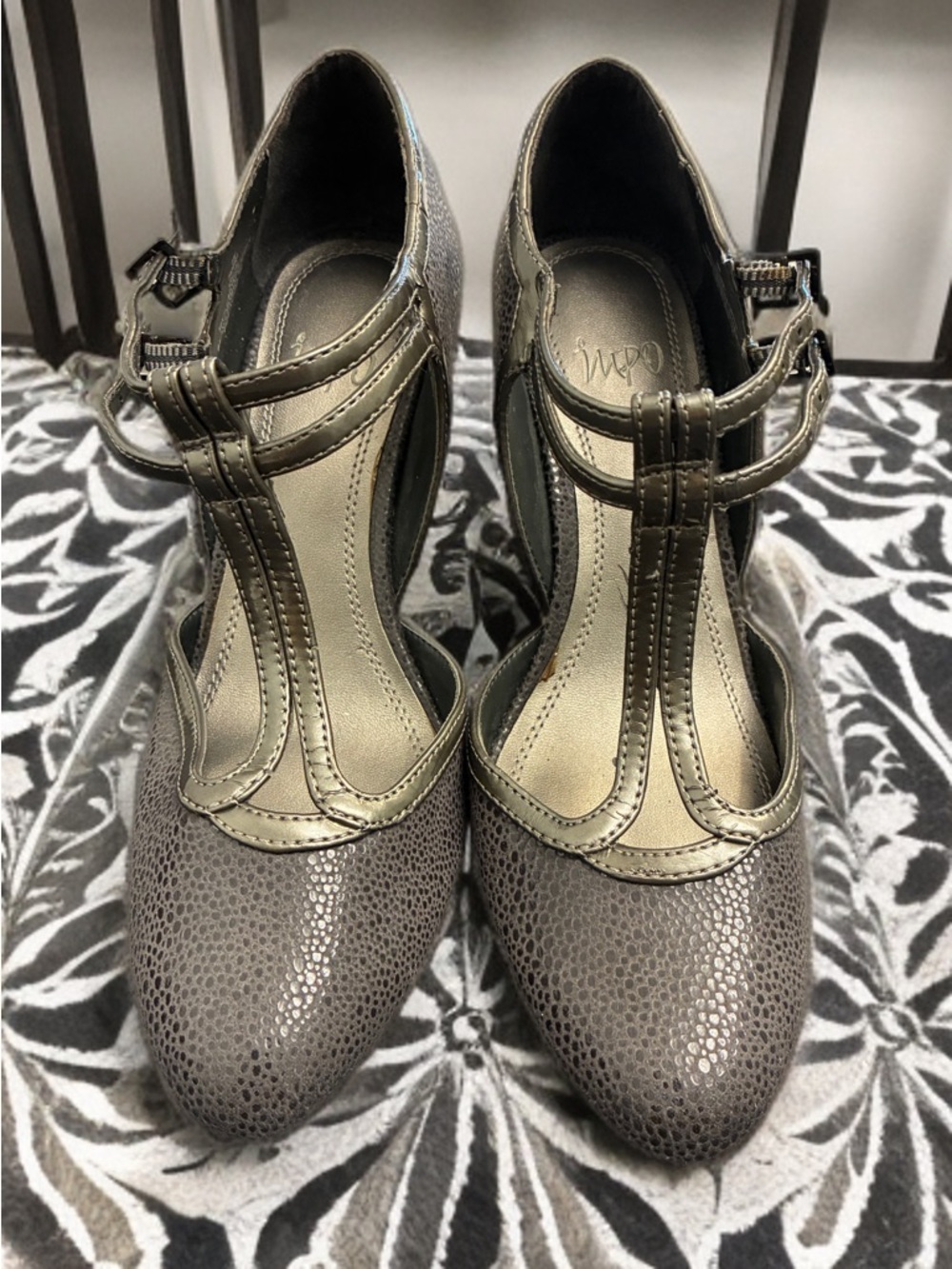 Impo Metallic Gray T-Strap Heels